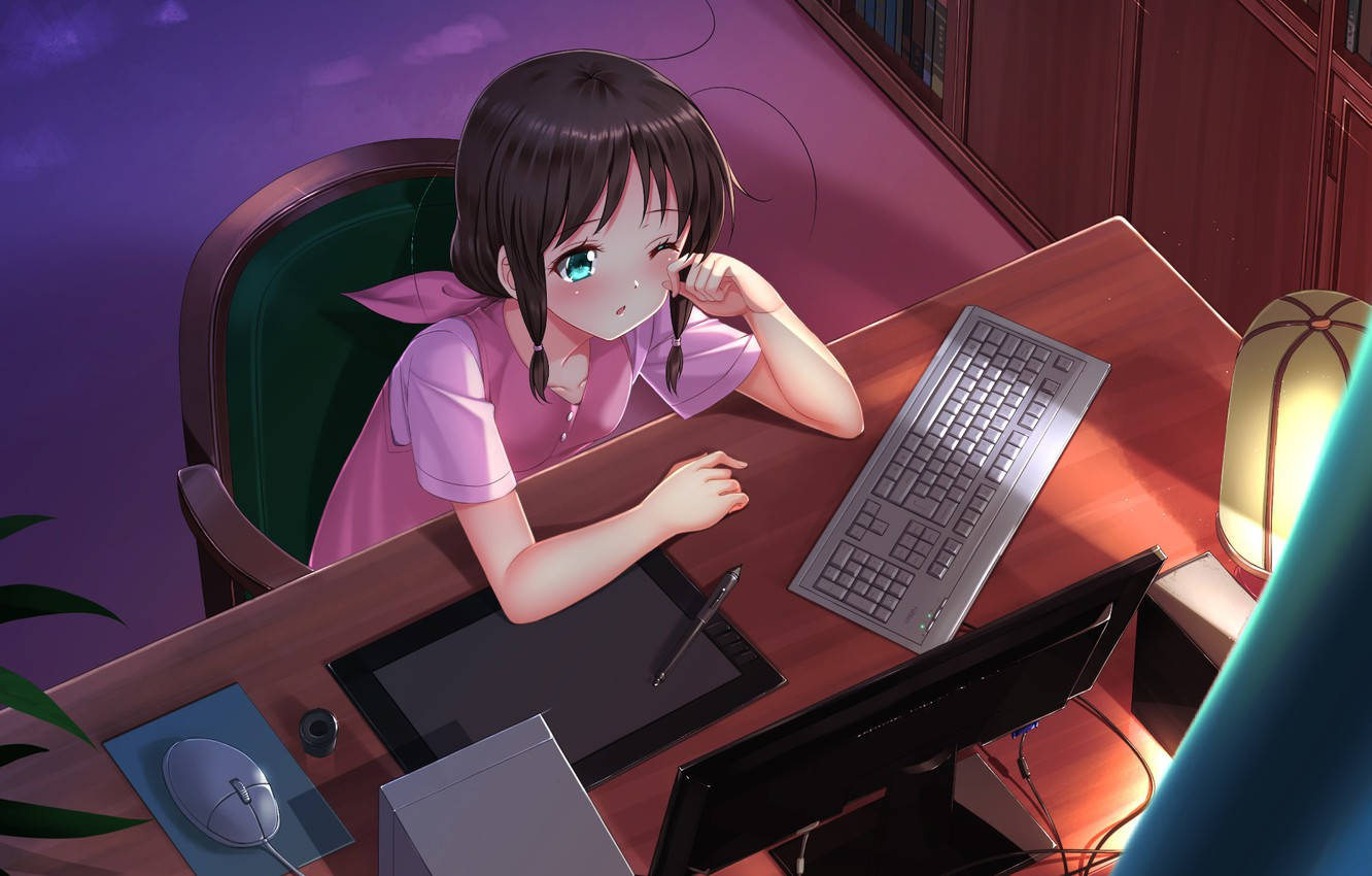 Animemädchen Hält Müdigkeit Vor Dem Laptop Zurück Wallpaper
