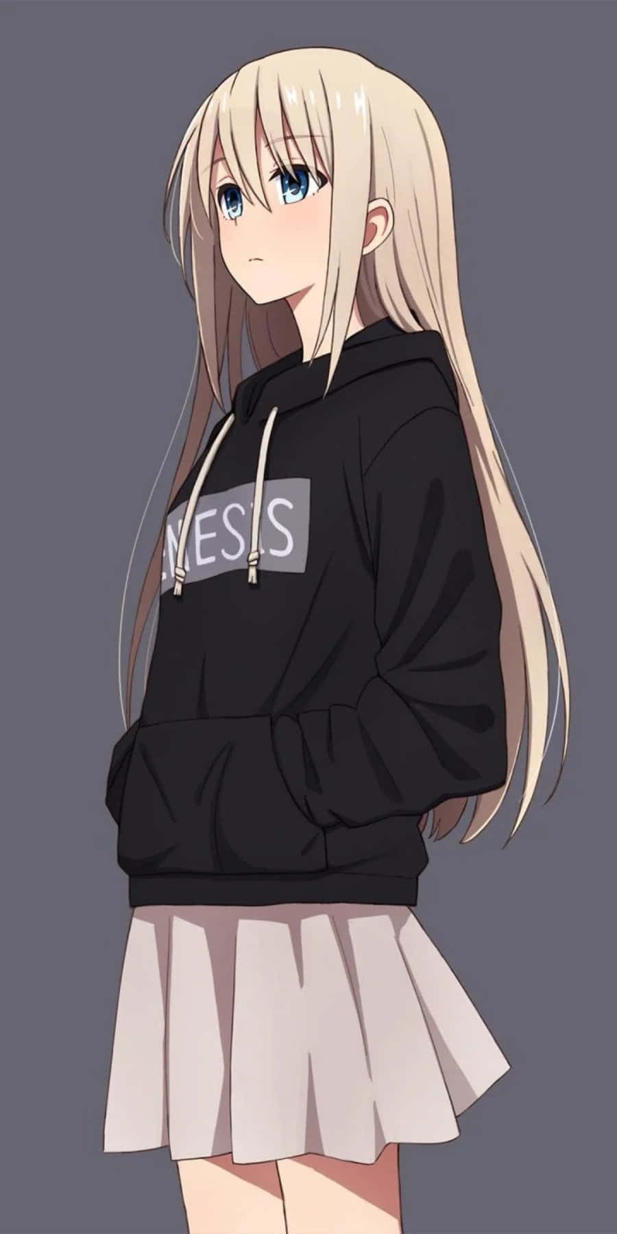 A Girl In A Black Hoodie And Skirt