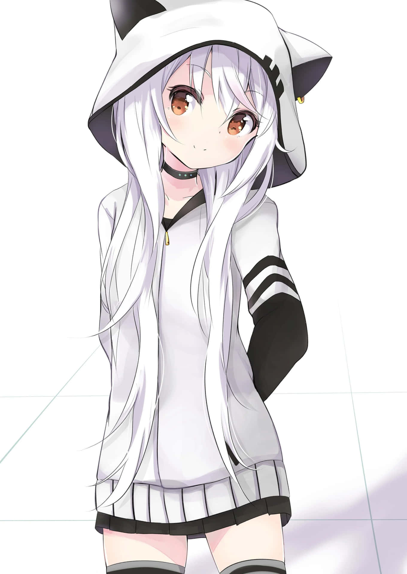 "A cute anime girl in a hooded jacket enjoying a sunny winter day."