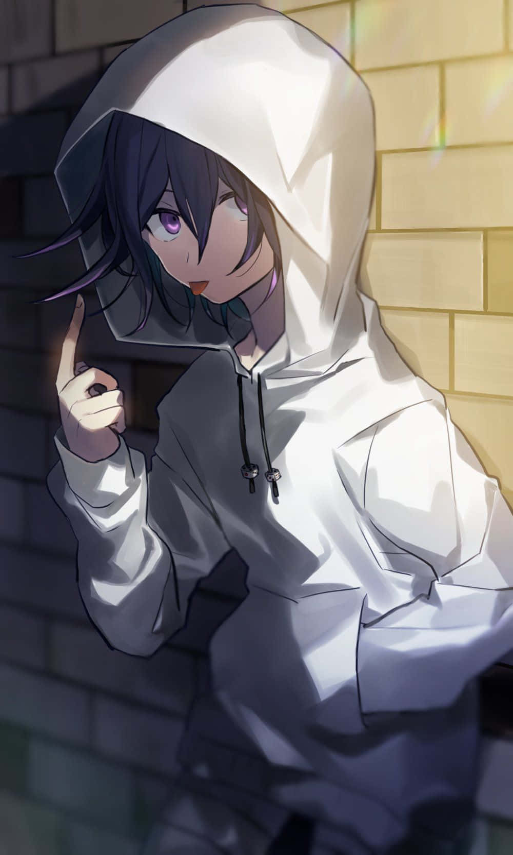 A Girl In A White Hoodie Leaning Against A Brick Wall