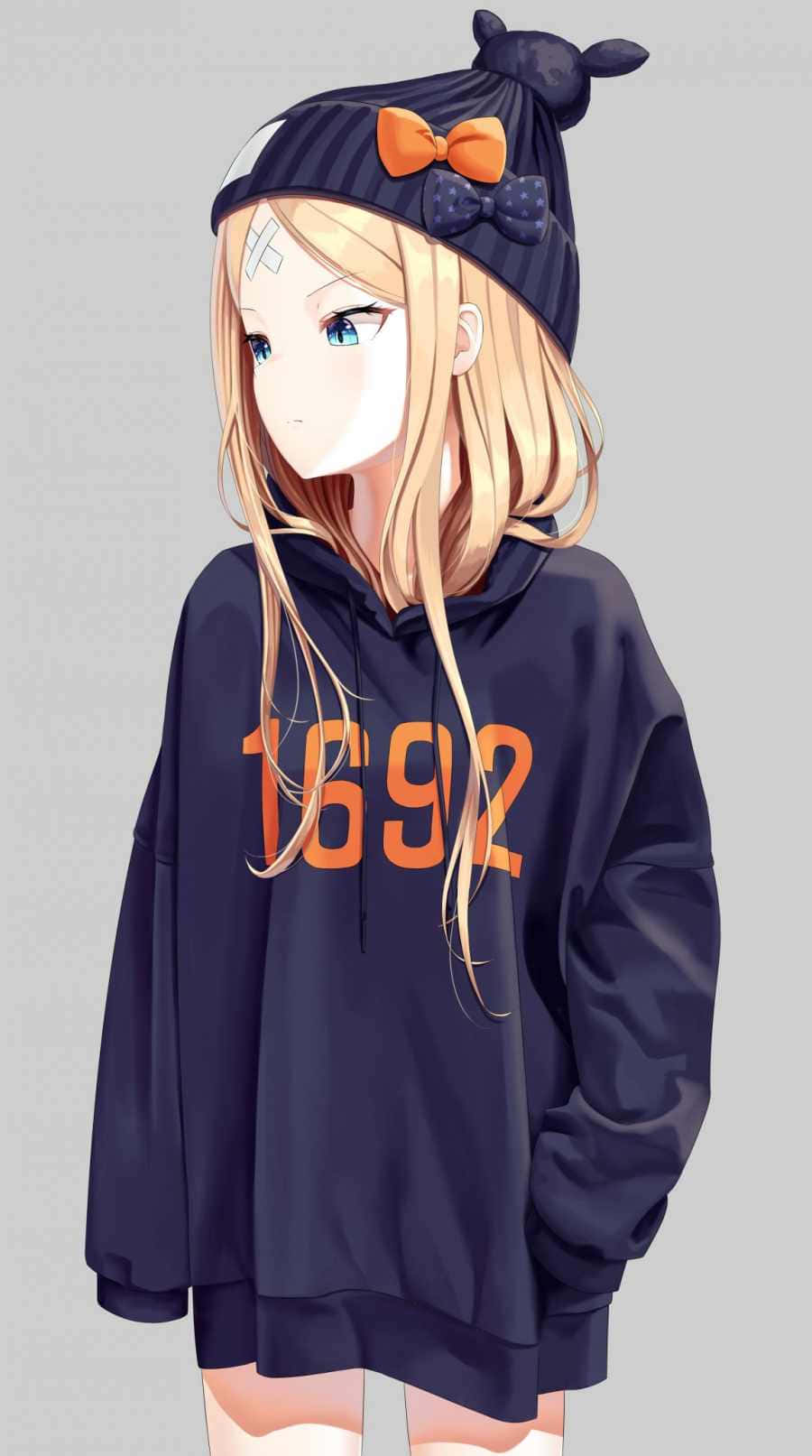 Drawing of a chibi girl in oversized hoodie and thigh socks on Craiyon