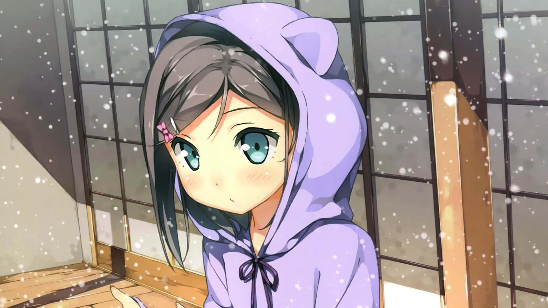 A Girl In A Purple Hoodie Sitting On A Wooden Floor