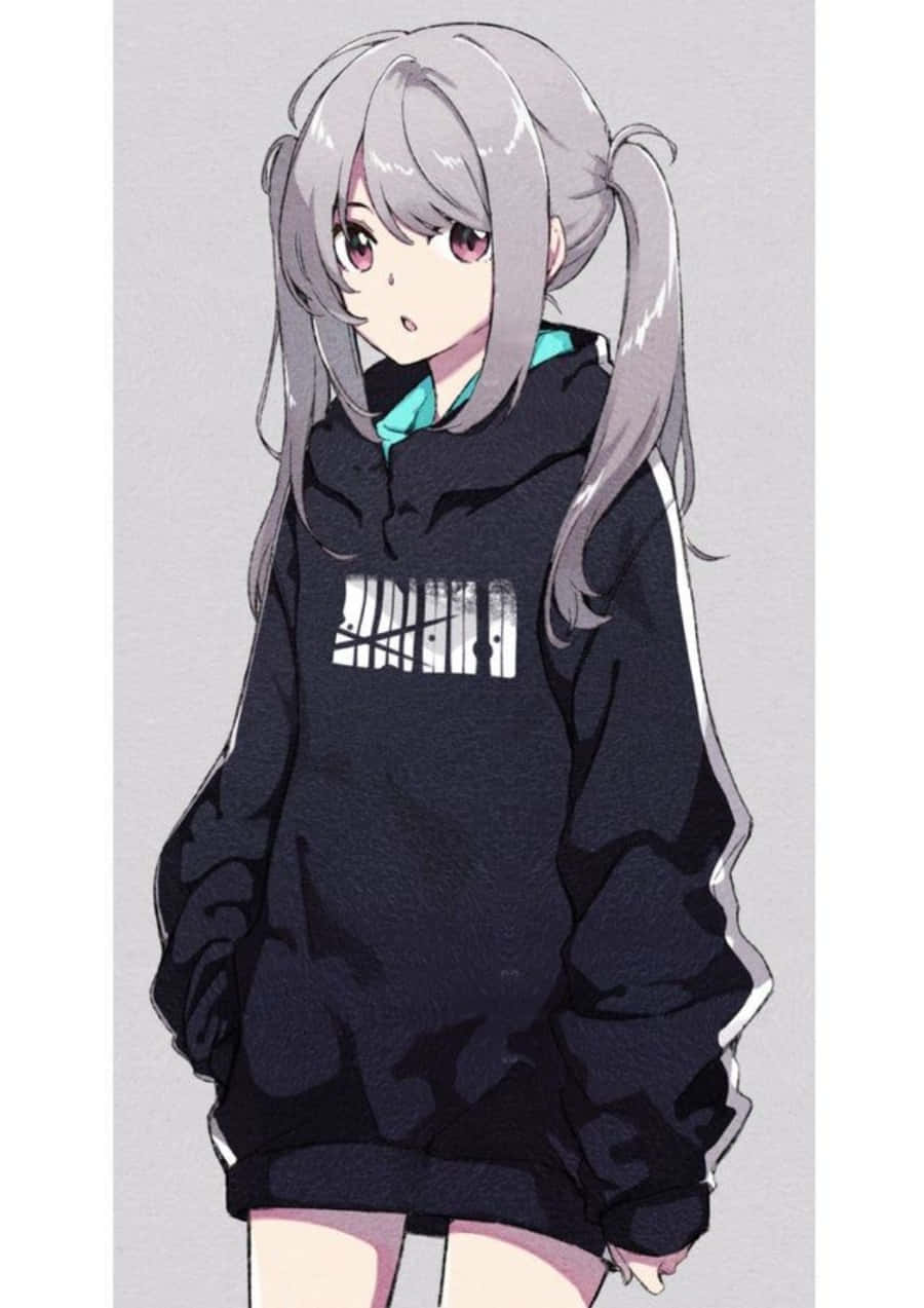 A Girl Wearing A Black Hoodie With Grey Hair