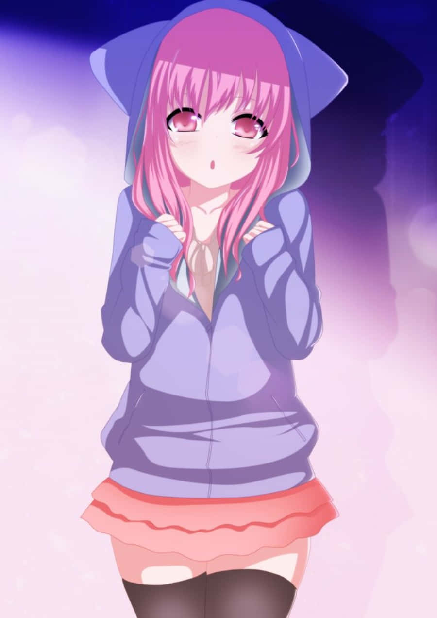 Ensød Anime-pige Iført En Hættetrøje.