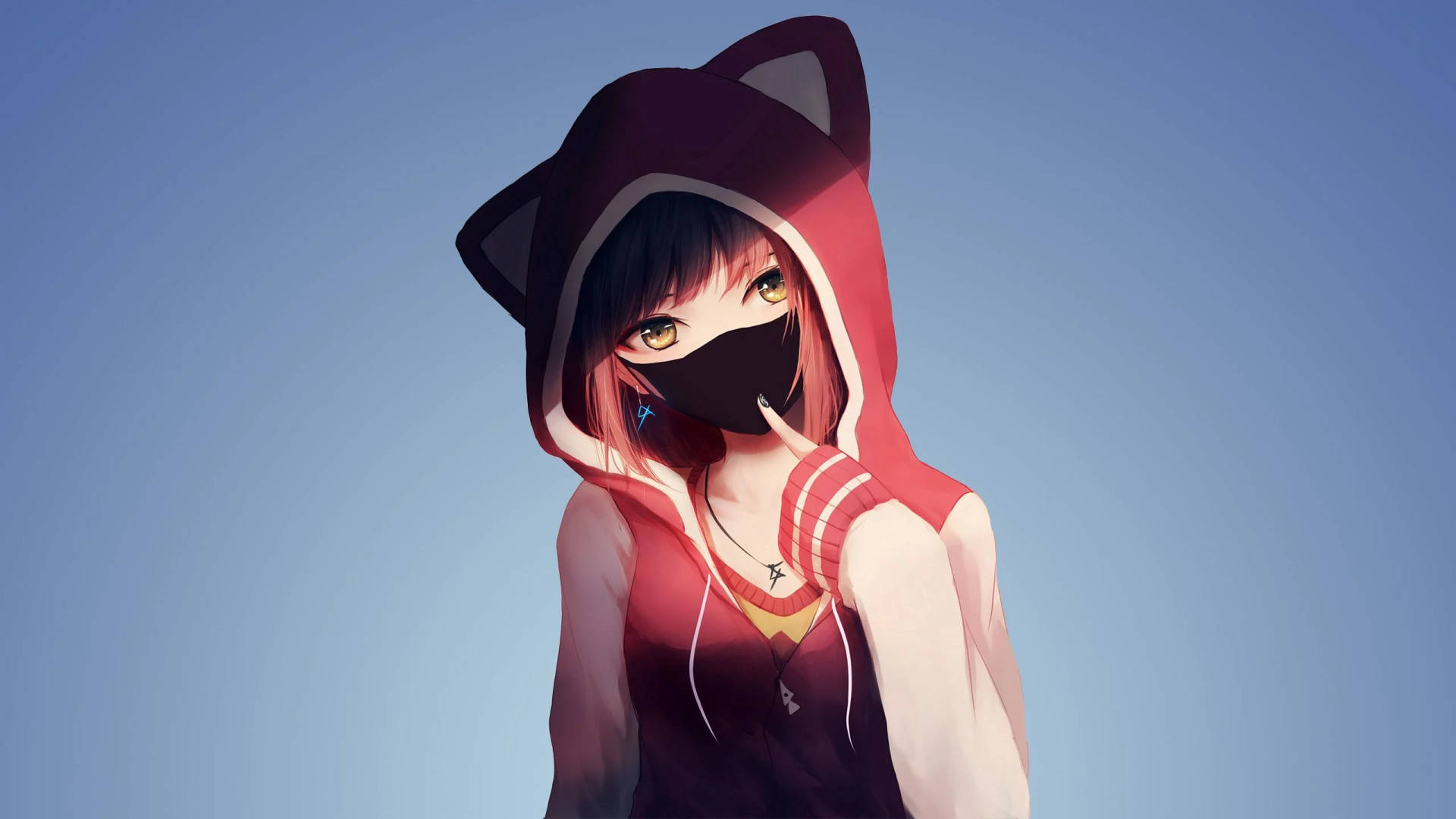 Anime Girl Hoodie With Black Mask Wallpaper