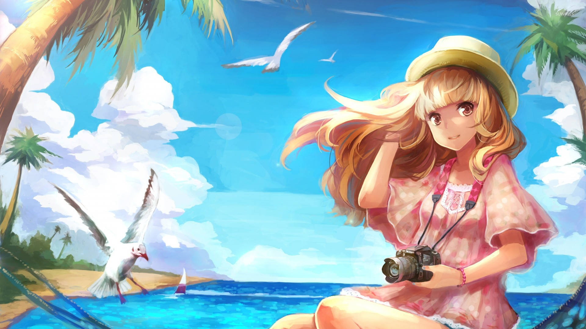 Anime Girl In Beach Vacation Wallpaper