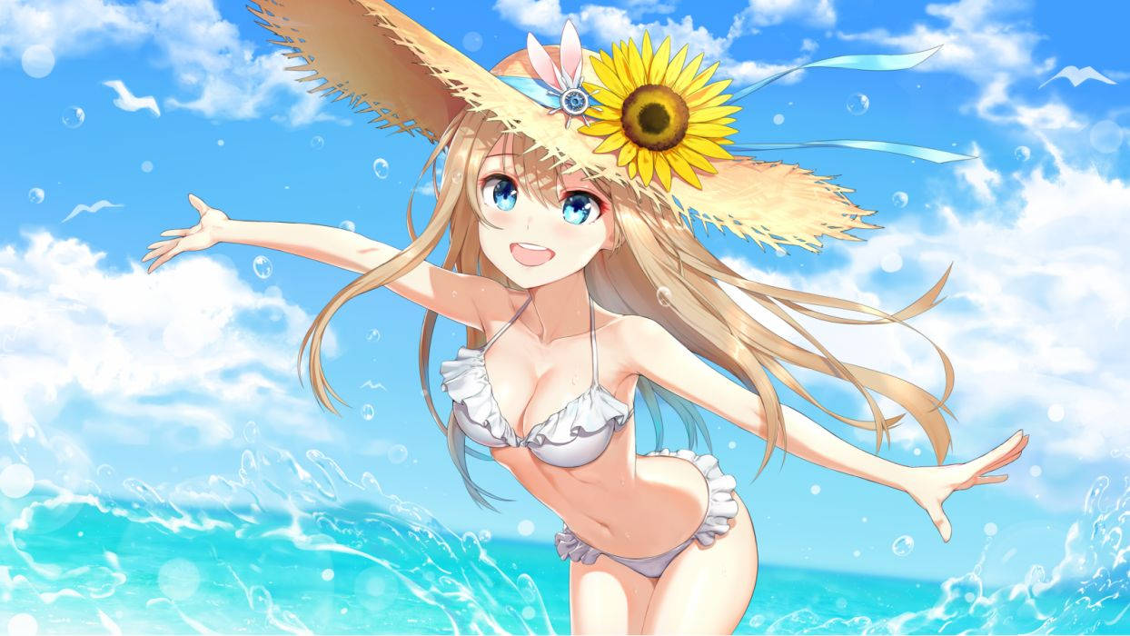 Animemädchen Im Bikini Und Sonnenhut Wallpaper