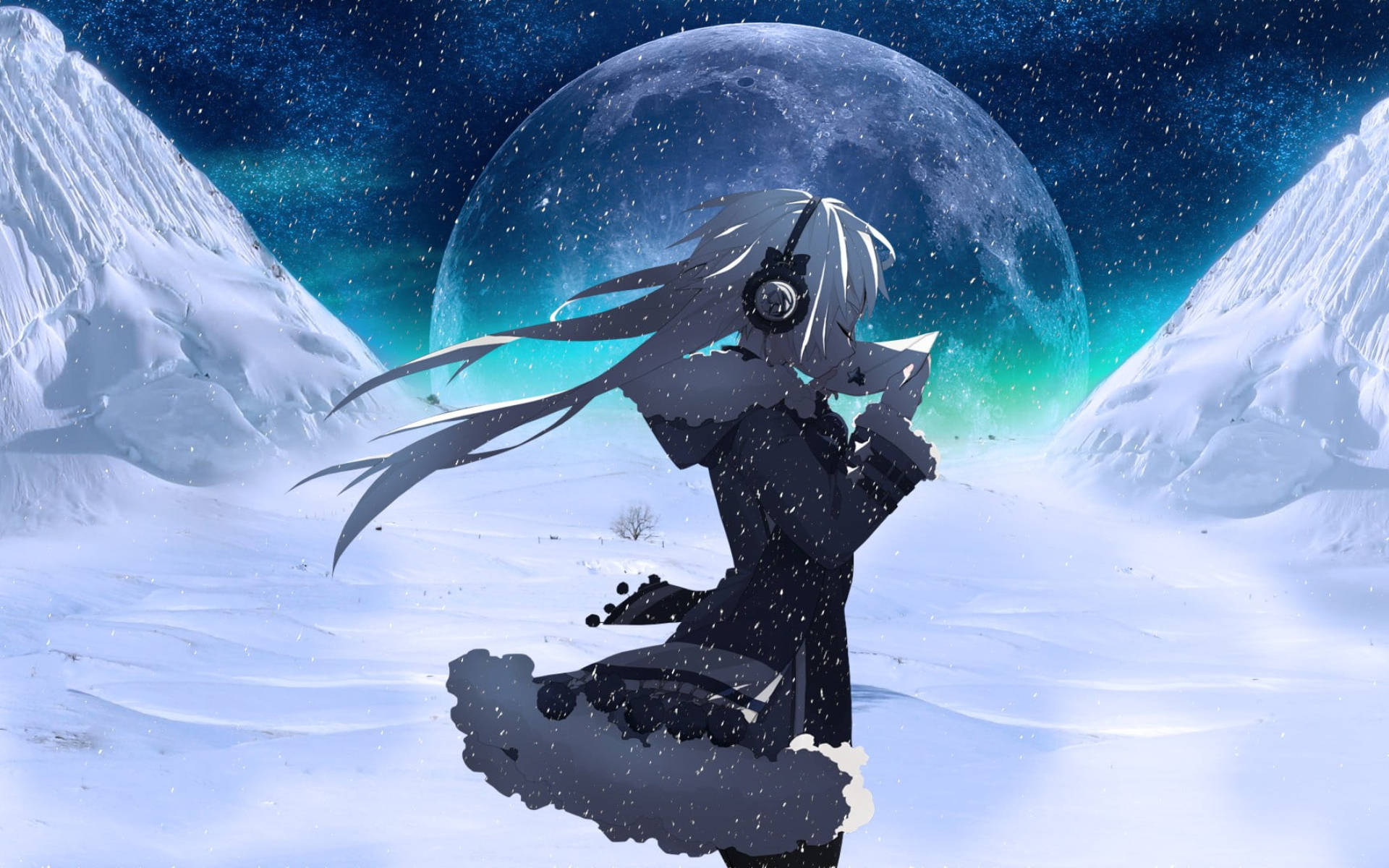 Anime Girl In Galaxy Moon Wallpaper