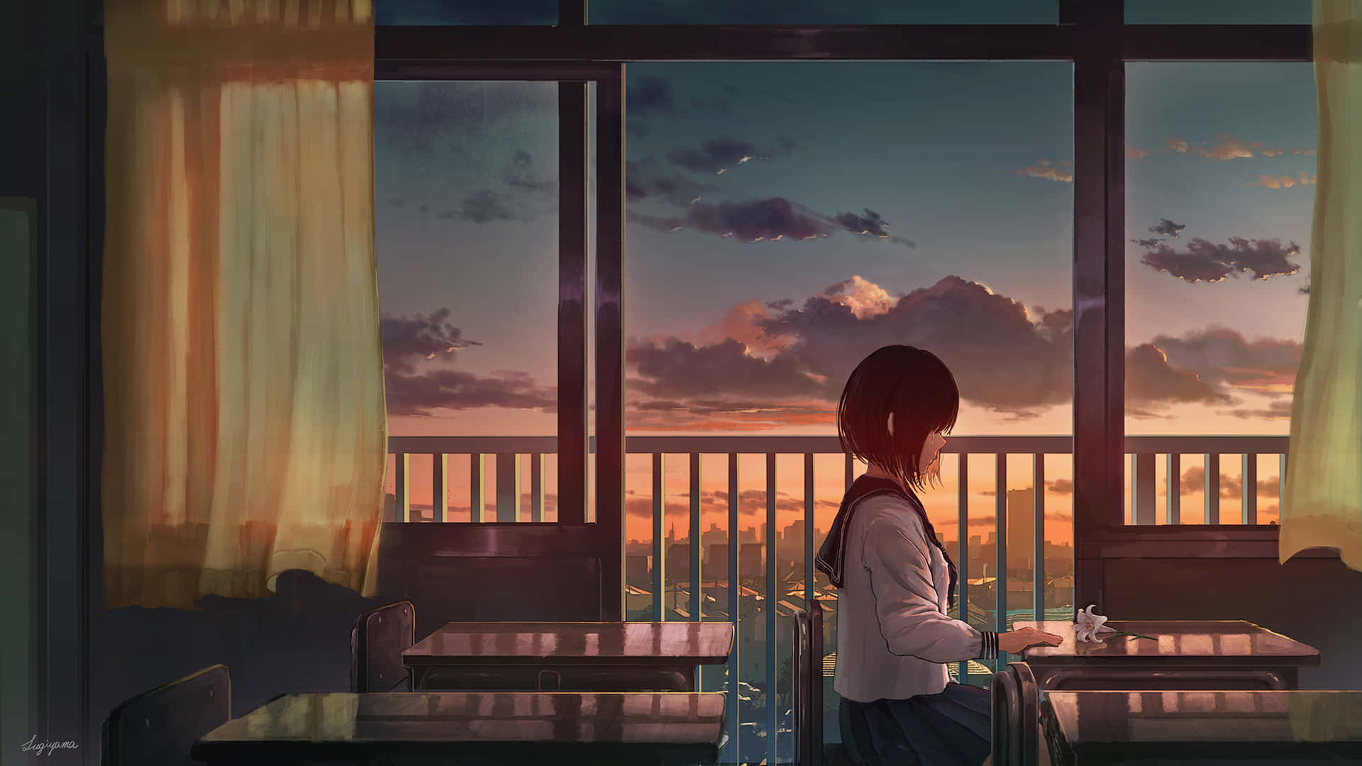 Anime pige inde i værelset grædende Wallpaper