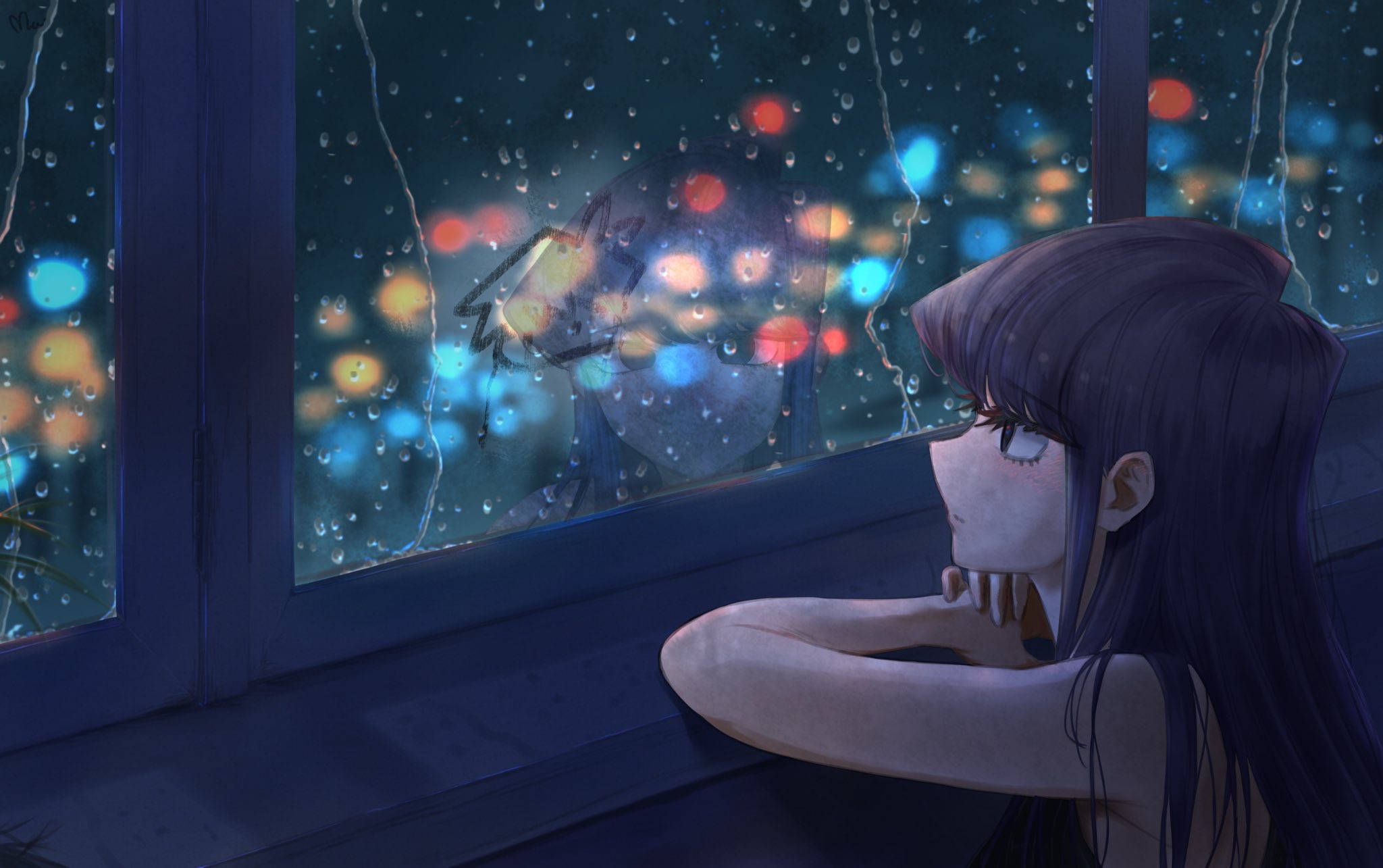 Anime Pige Komi Shouko stirrer på Regnvindue Wallpaper