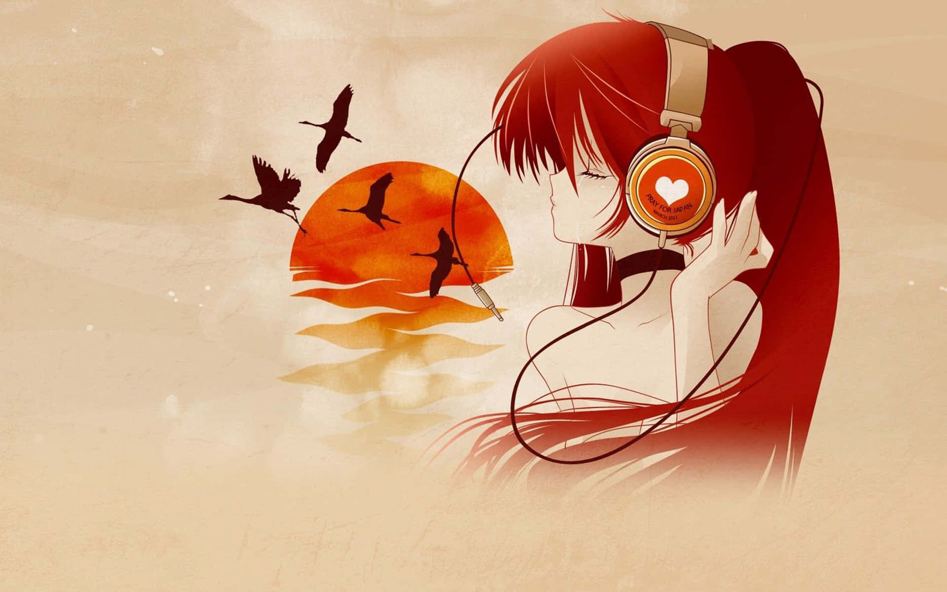Anime Girl Listeningto Musicat Sunset Wallpaper