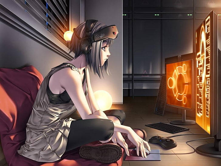 This Anime Girl Sitting In Front Of 3 Computer Monitors Background, Take  Picture On Computer, Picture, Camera Background Image And Wallpaper for  Free Download