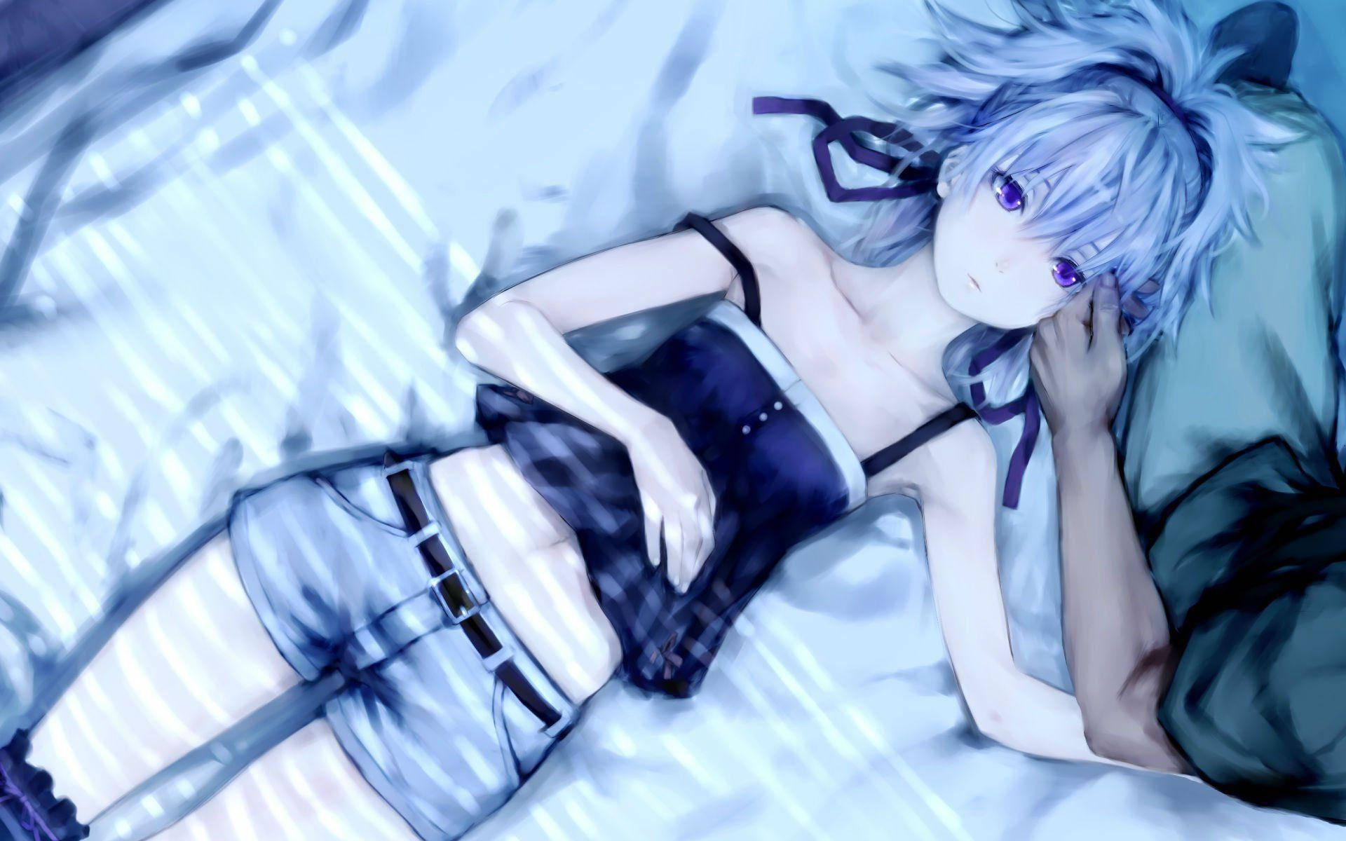 Anime girl lying on the bed with man's hand touching her face wallpaper