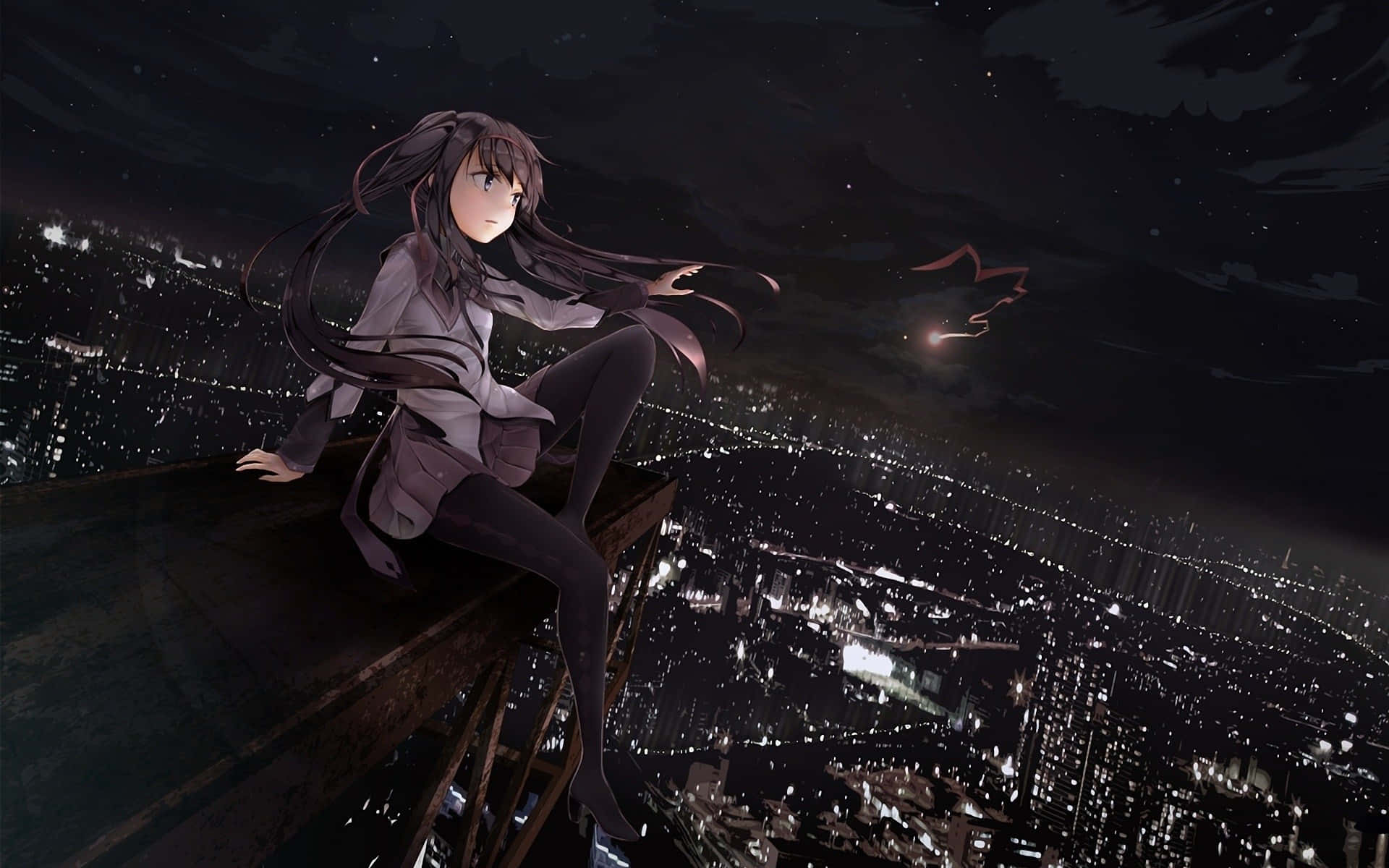 Anime Girl Nighttime Cityscape Wallpaper