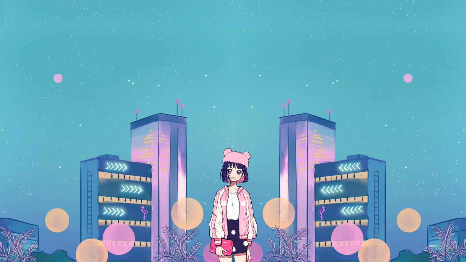 Anime Girl Nighttime Cityscape Wallpaper