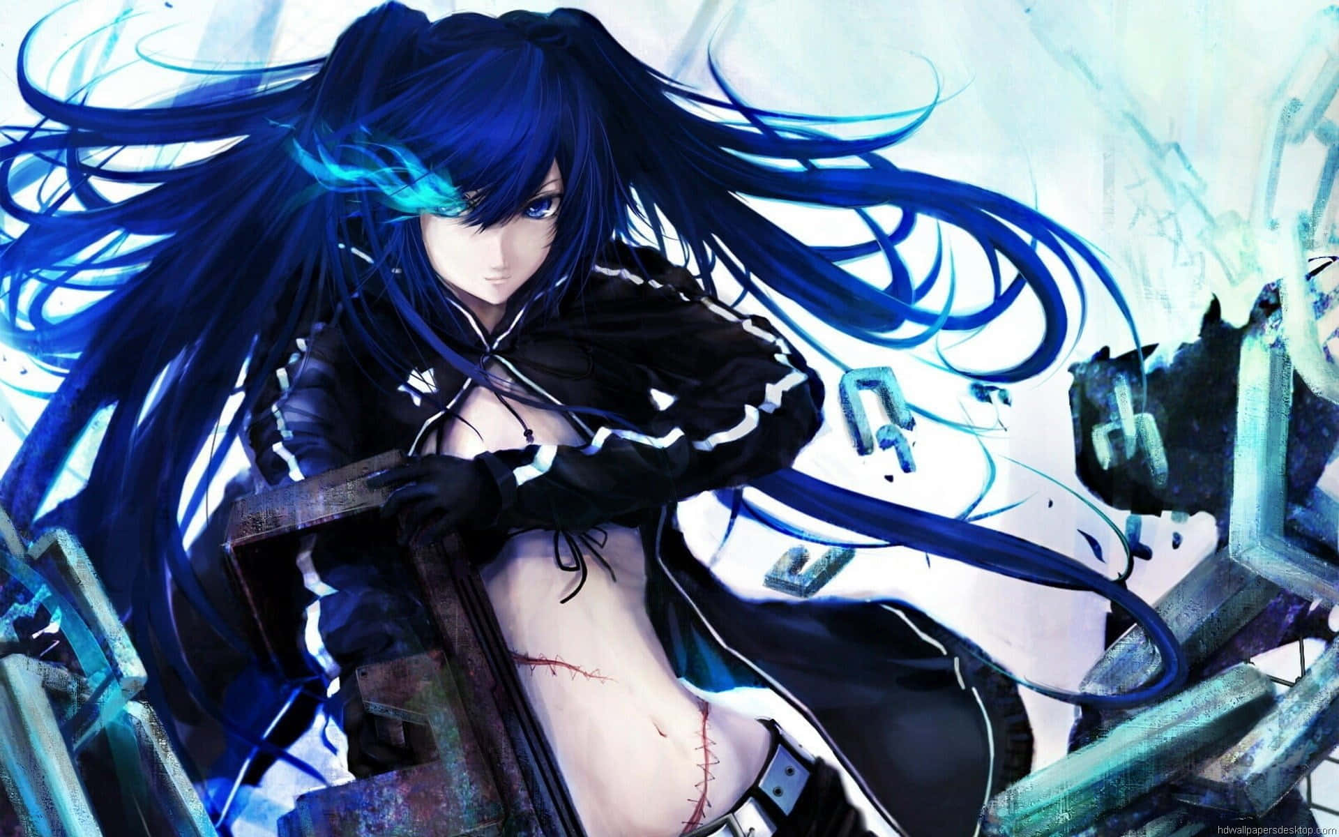 A young anime girl with dark blue hair and a mysterious gaze.