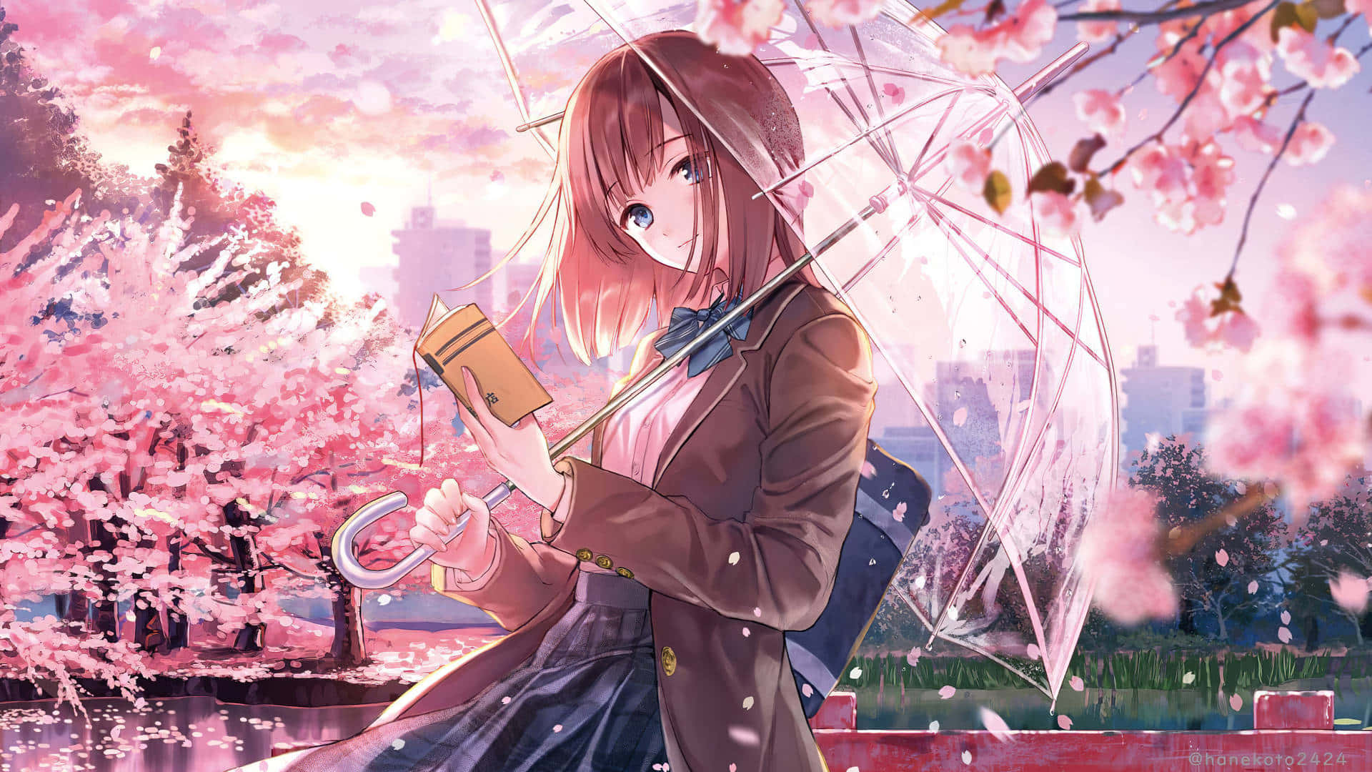 A young Anime Girl stands in a vibrant city street scene.