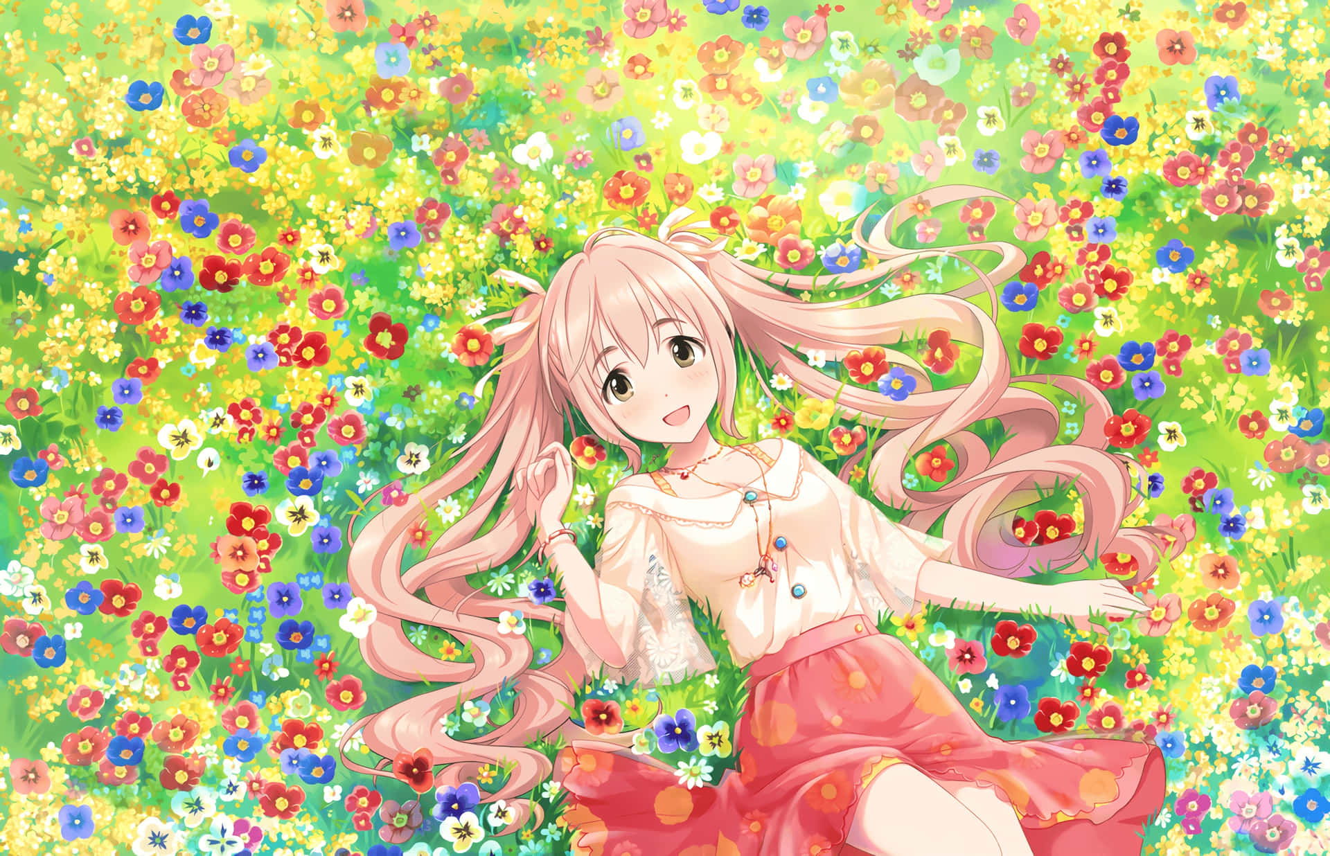 A beautiful anime girl with vibrant hair and a flower in her hair