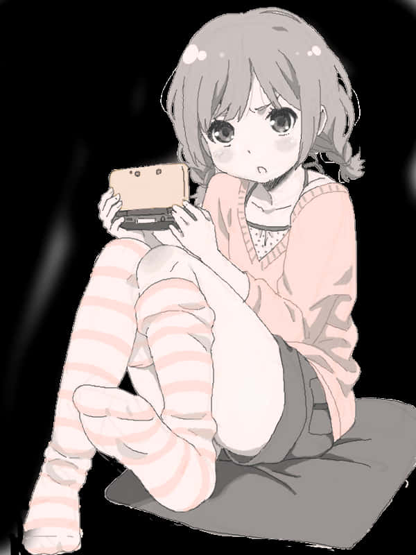 Anime Girl Playing Handheld Console PNG