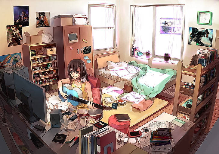 Chicade Anime Toca La Guitarra Frente A Una Computadora Portátil. Fondo de pantalla