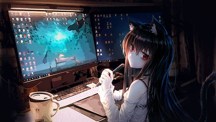 Garotade Anime Posa Segurando A Caneta Stylus Do Laptop. Papel de Parede