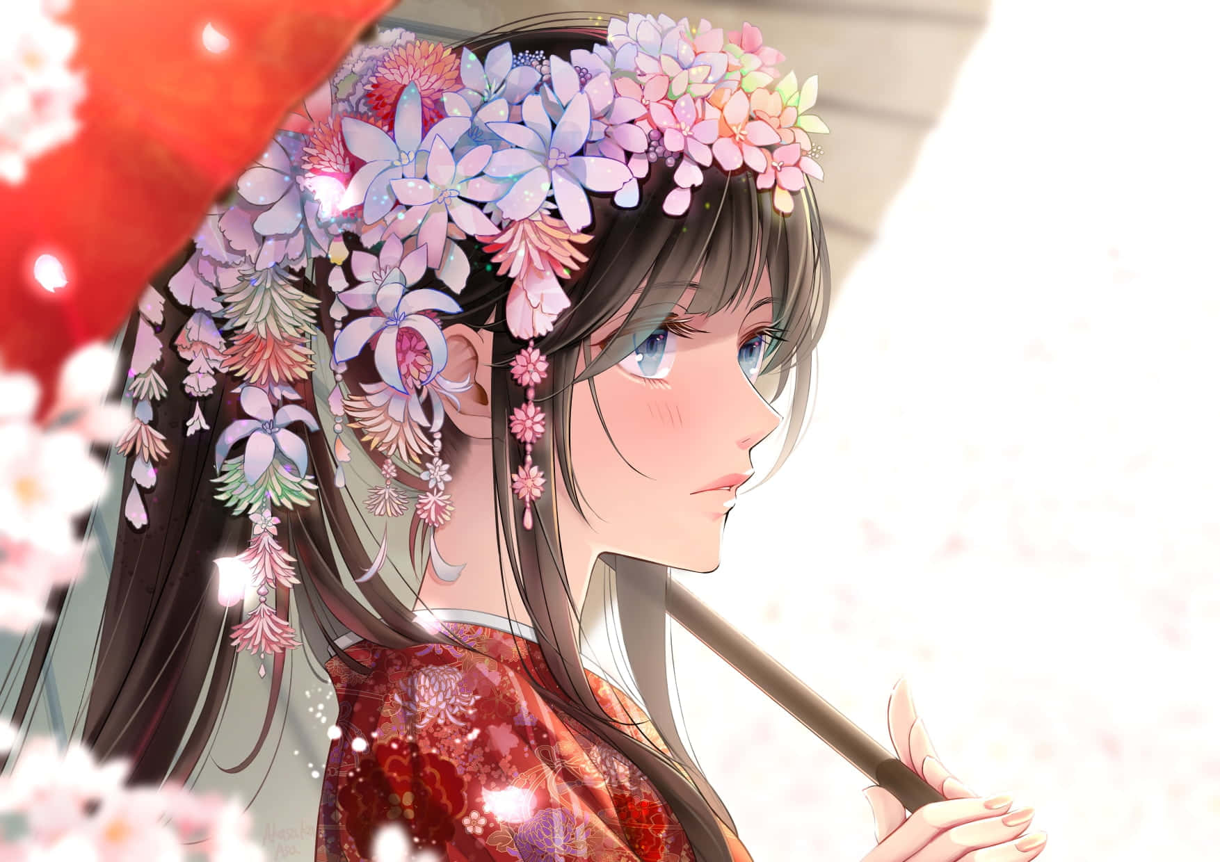 Cute anime girl, profile view, sakura blossom, white dress, umbrella, Anime,  HD wallpaper