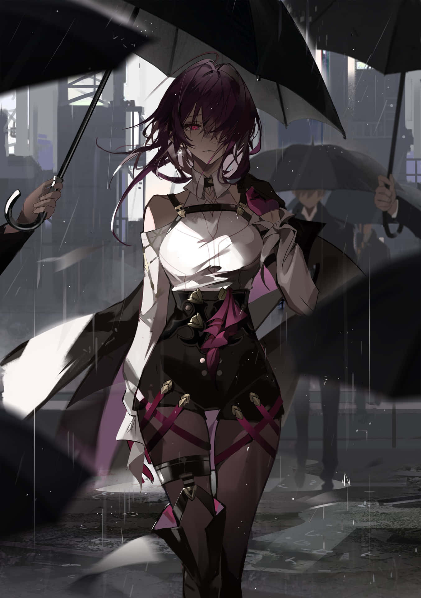 Anime Girl Rainy Cityscape Umbrella Wallpaper