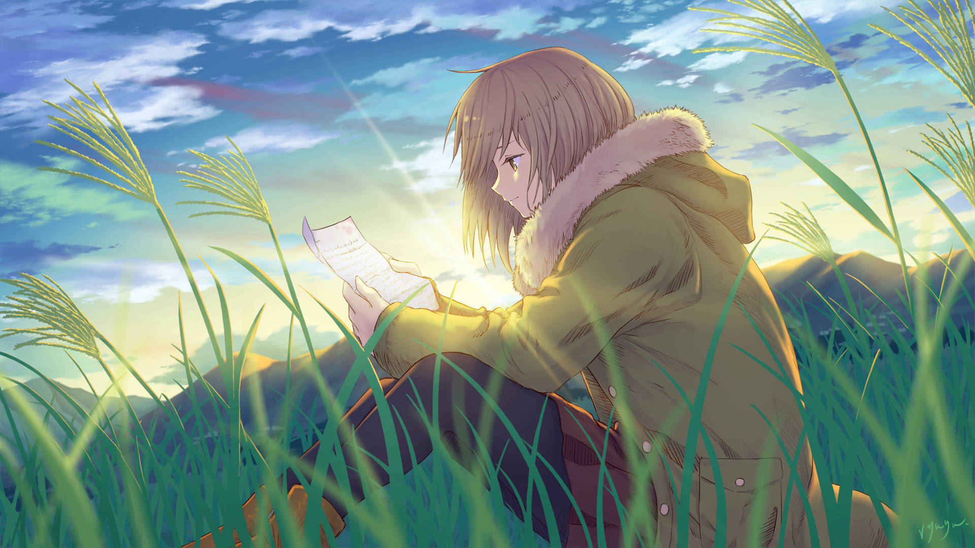 Anime Girl Reading Book In Grass