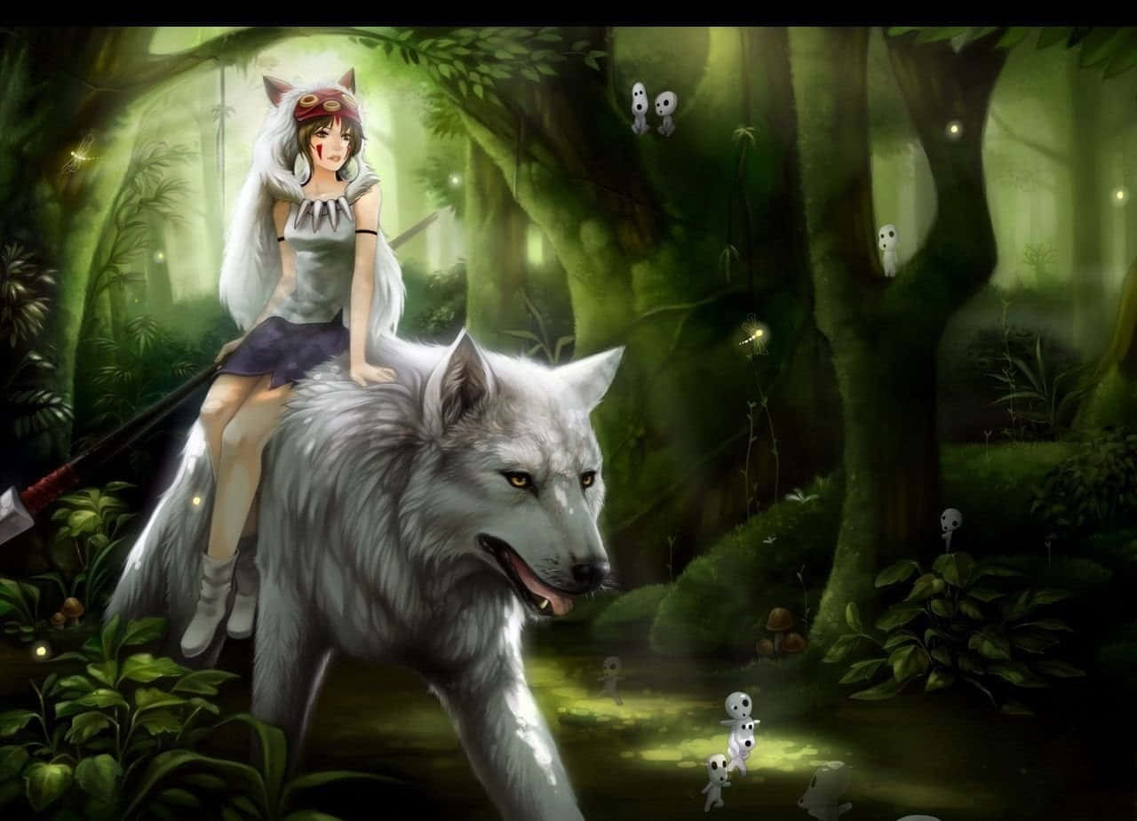 Anime Girl Riding Giant Wolf Fantasy Forest Wallpaper