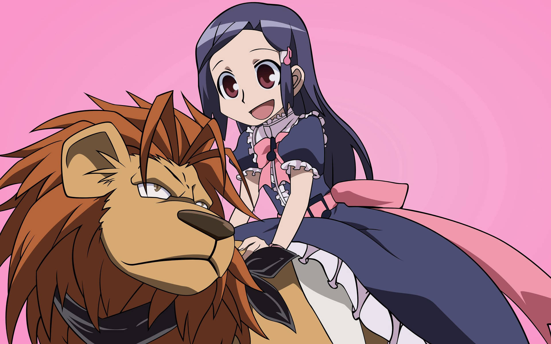 Happy anime girl riding a brown serious lion wallpaper