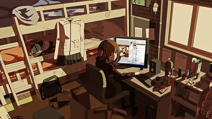 Arbeitsstationeines Anime-mädchens Auf Einem Laptop, Beleuchtet Von Schatten. Wallpaper