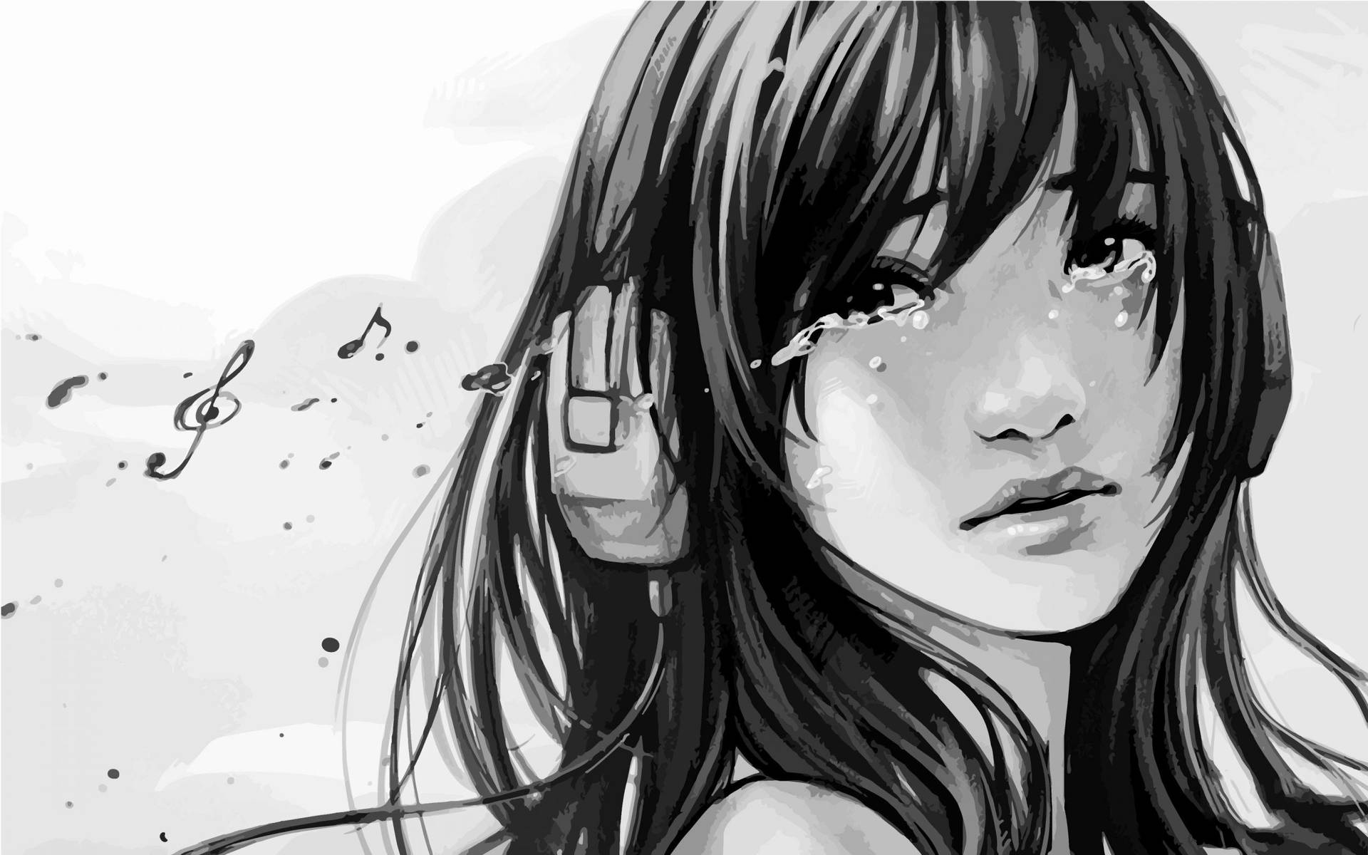Anime Girl Sad Alone Black And White Headphones Wallpaper