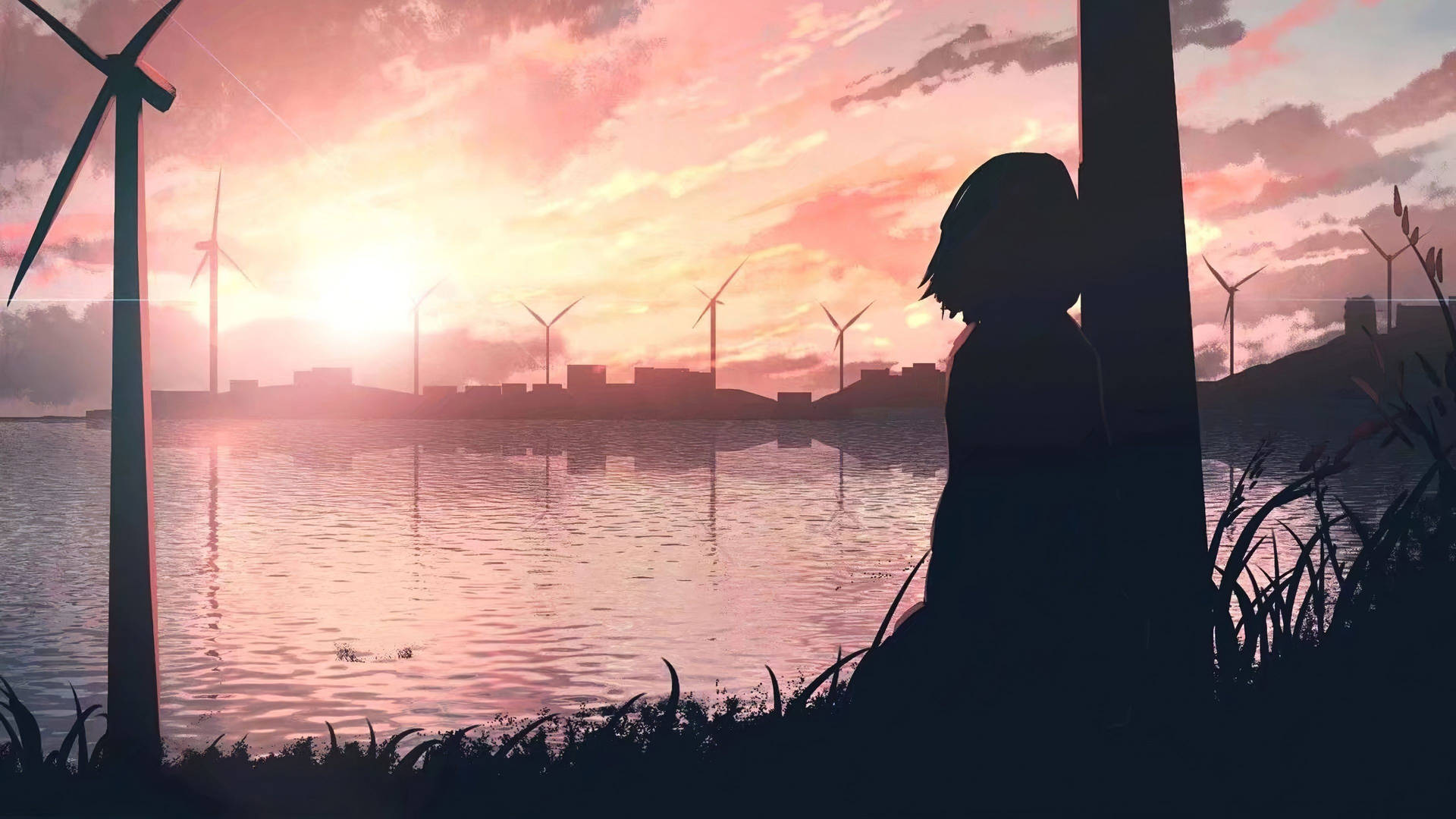 Anime Girl Sad Alone By Lake With Windmills Picture