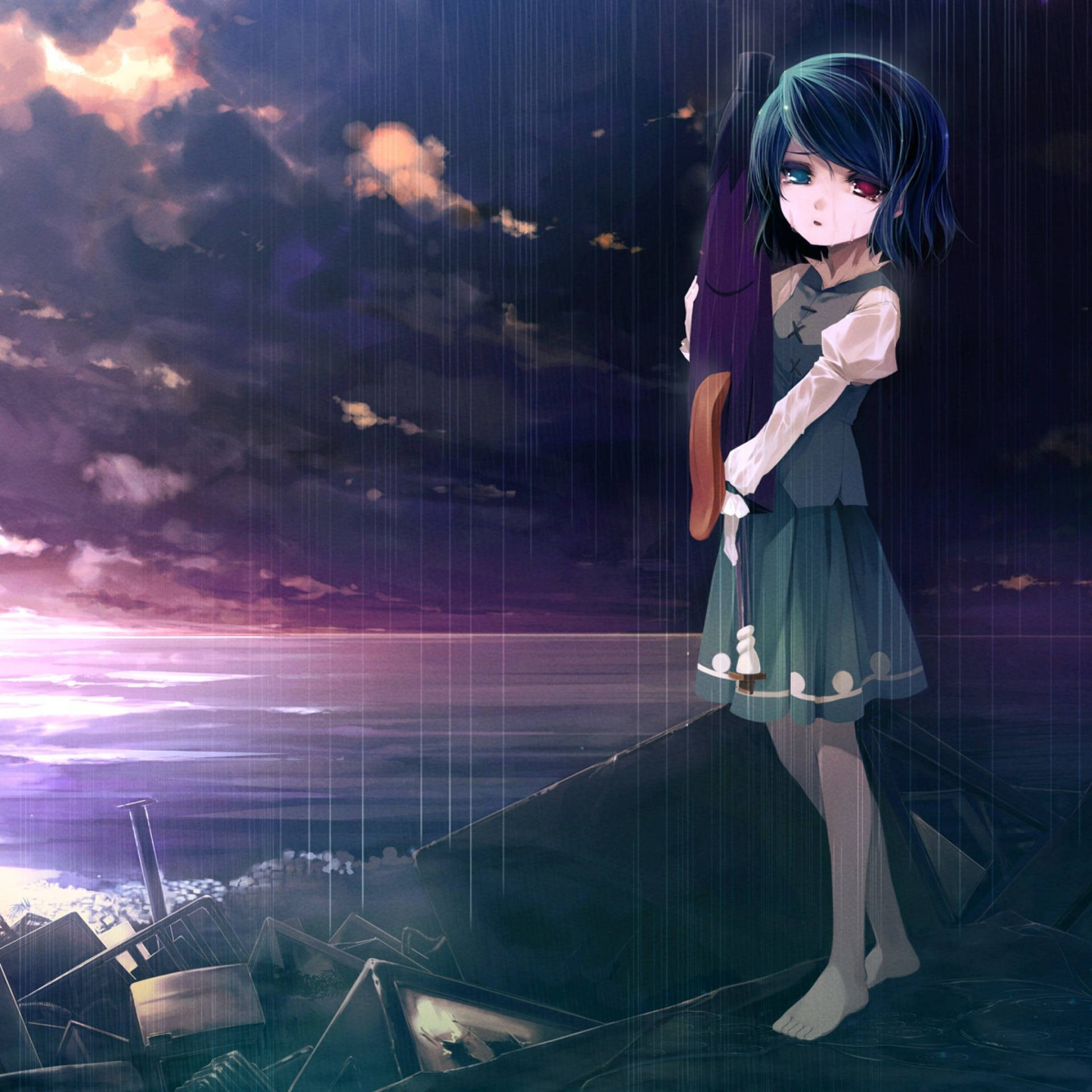 Animemädchen Traurig Alleine Am Ozean Wallpaper