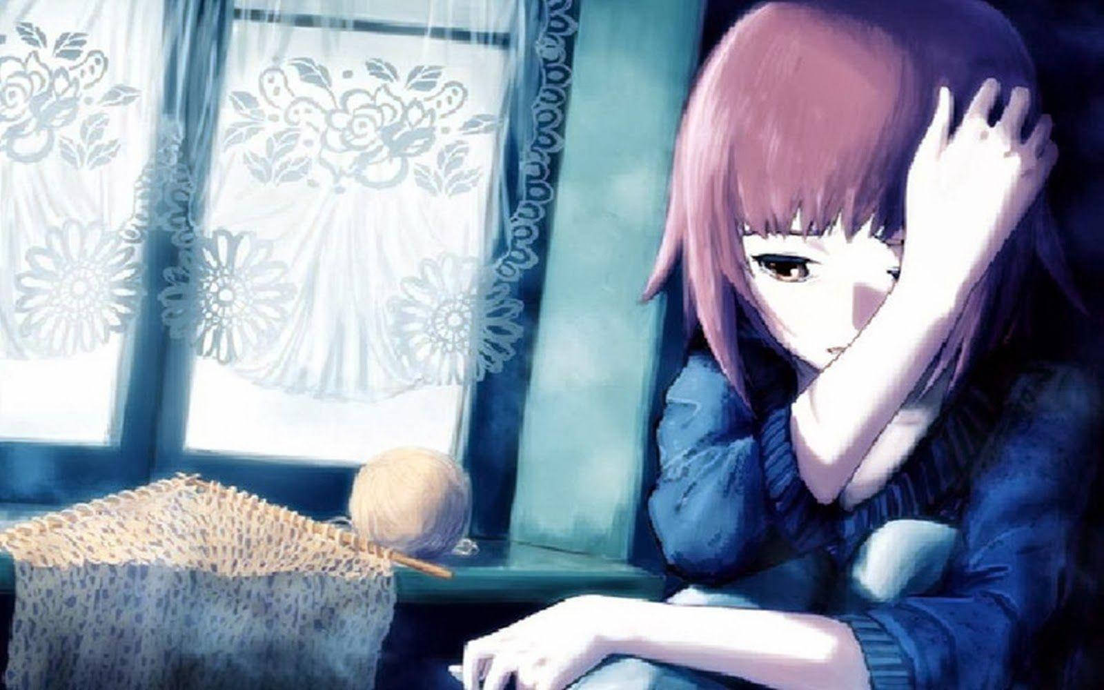 Anime Girl Sad Alone Crying Knitting Tools Wallpaper