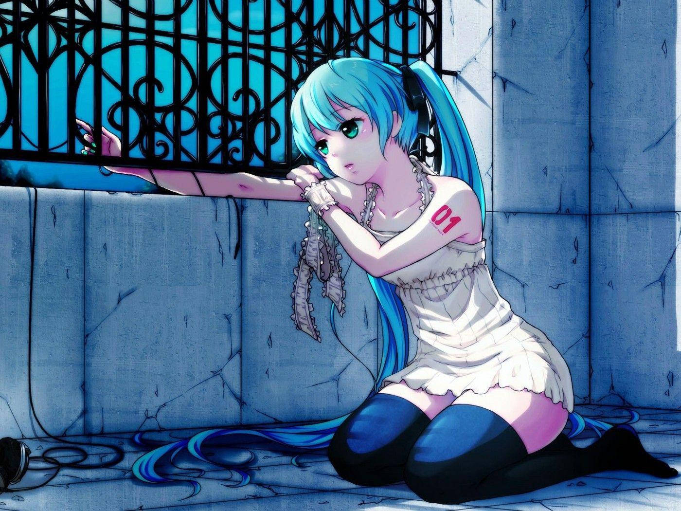 Anime Girl Sad Alone Hatsune Miku On Railing Wallpaper