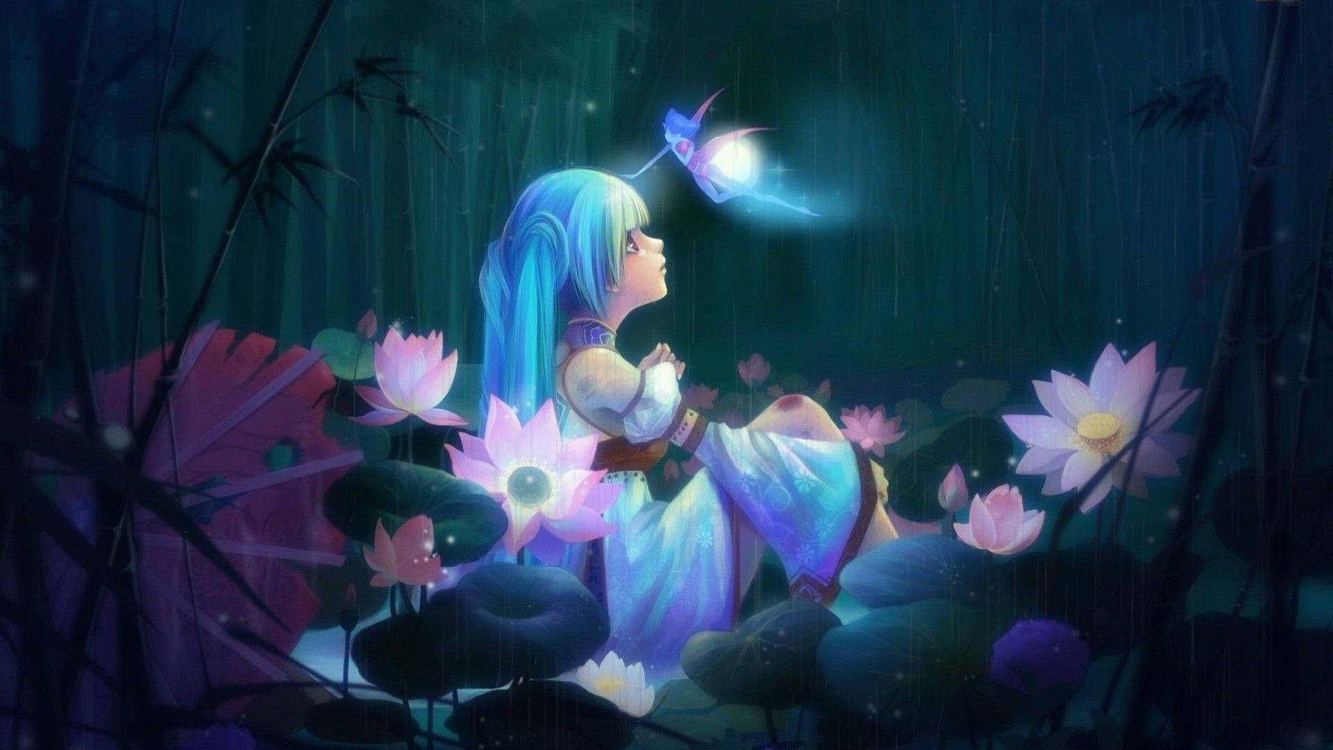 Animemädchen Traurig Alleine Hatsune Miku Mit Fee Wallpaper