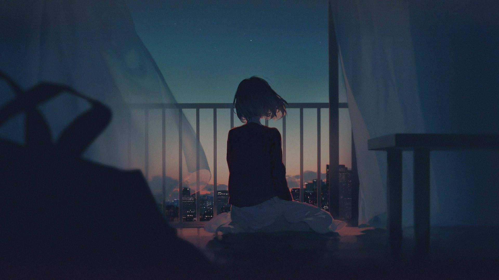 Anime Girl Sad Alone In Balcony At Dusk Wallpaper