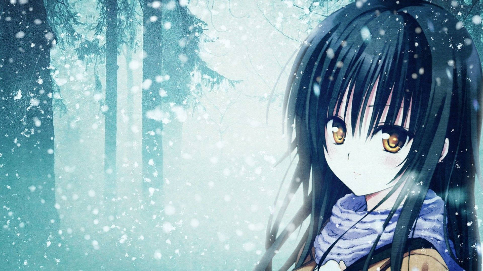 Animemädchen Traurig Allein Im Verschneiten Wald Wallpaper