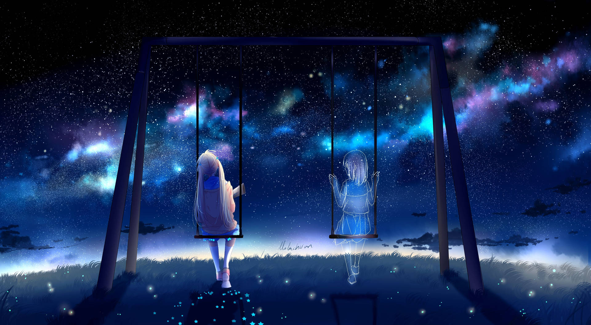 Anime Girl Sad Alone In Swing With Ghost Wallpaper