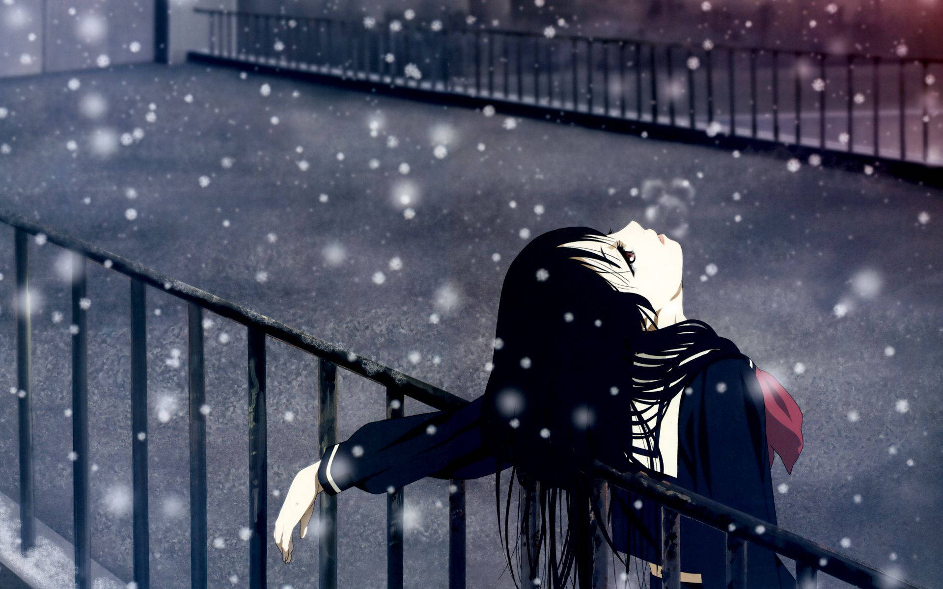 Anime Girl Sad Alone Leaning On Railing Snowing Wallpaper