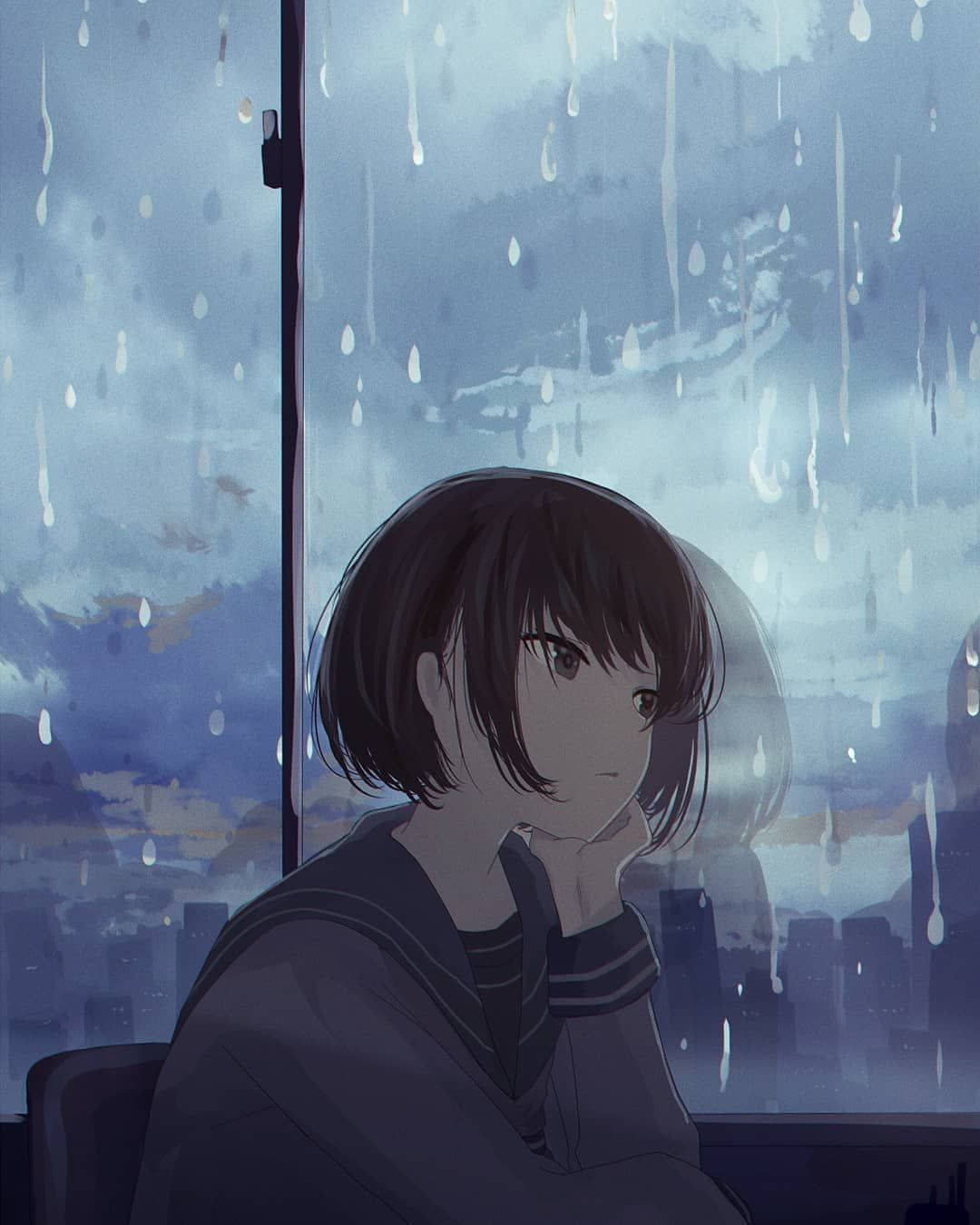 Anime Girl Sad Alone Leaning On Window Raining Wallpaper
