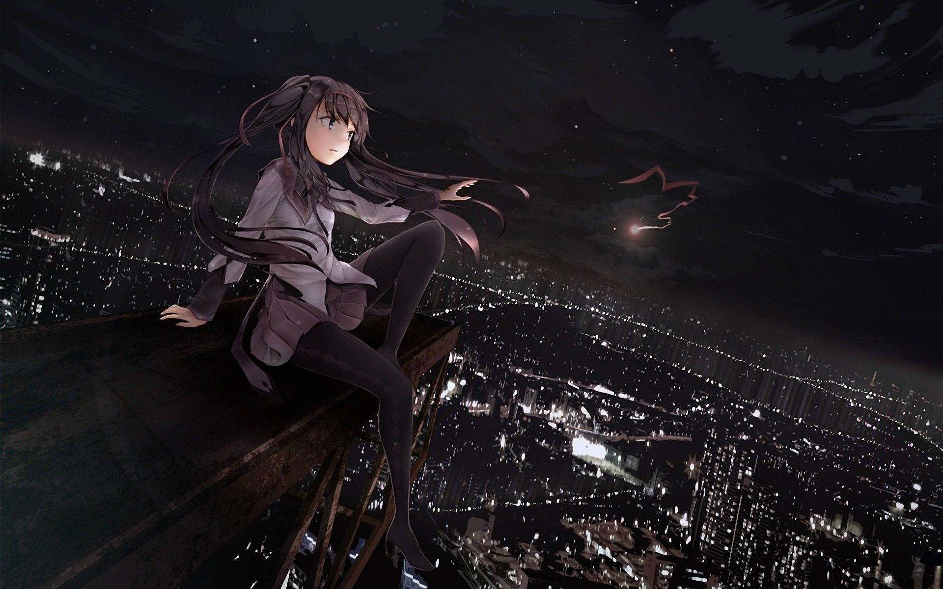 Anime Girl Sad Alone On Ledge City View Wallpaper