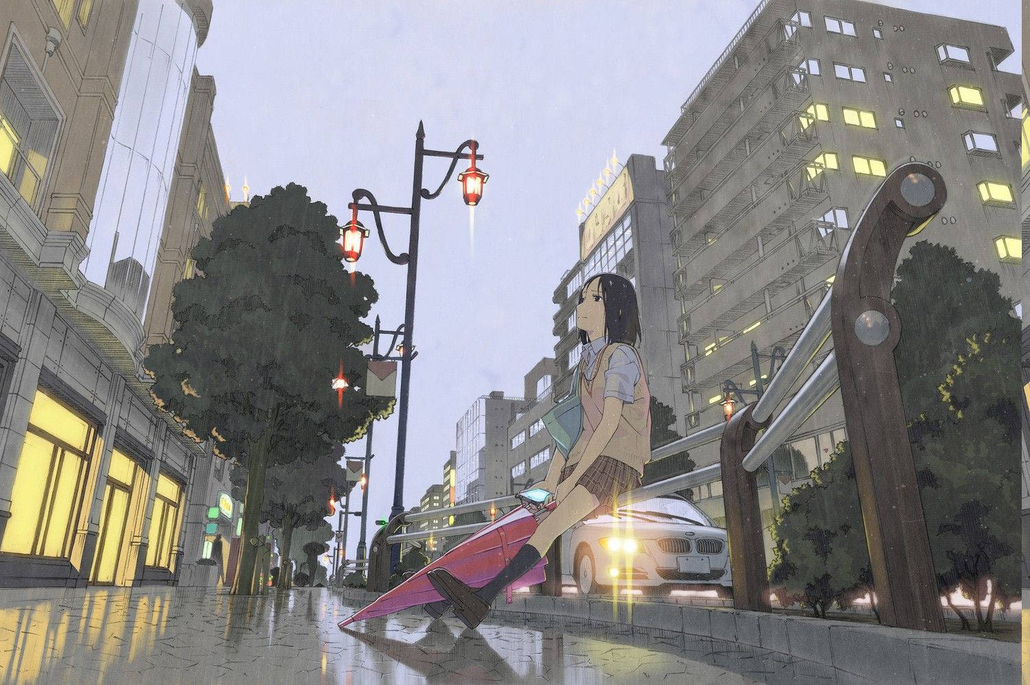 Anime Pige Trist Alene På Fortovet Regnende Wallpaper