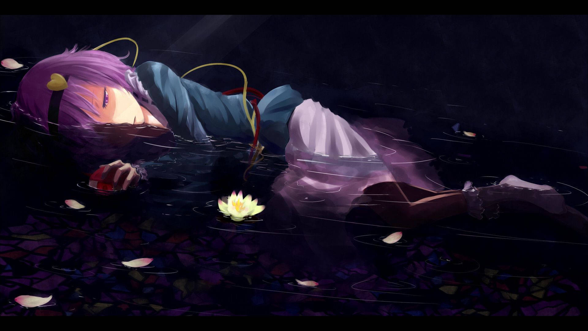 Anime Girl Sad Alone On Water With Flowers Wallpaper