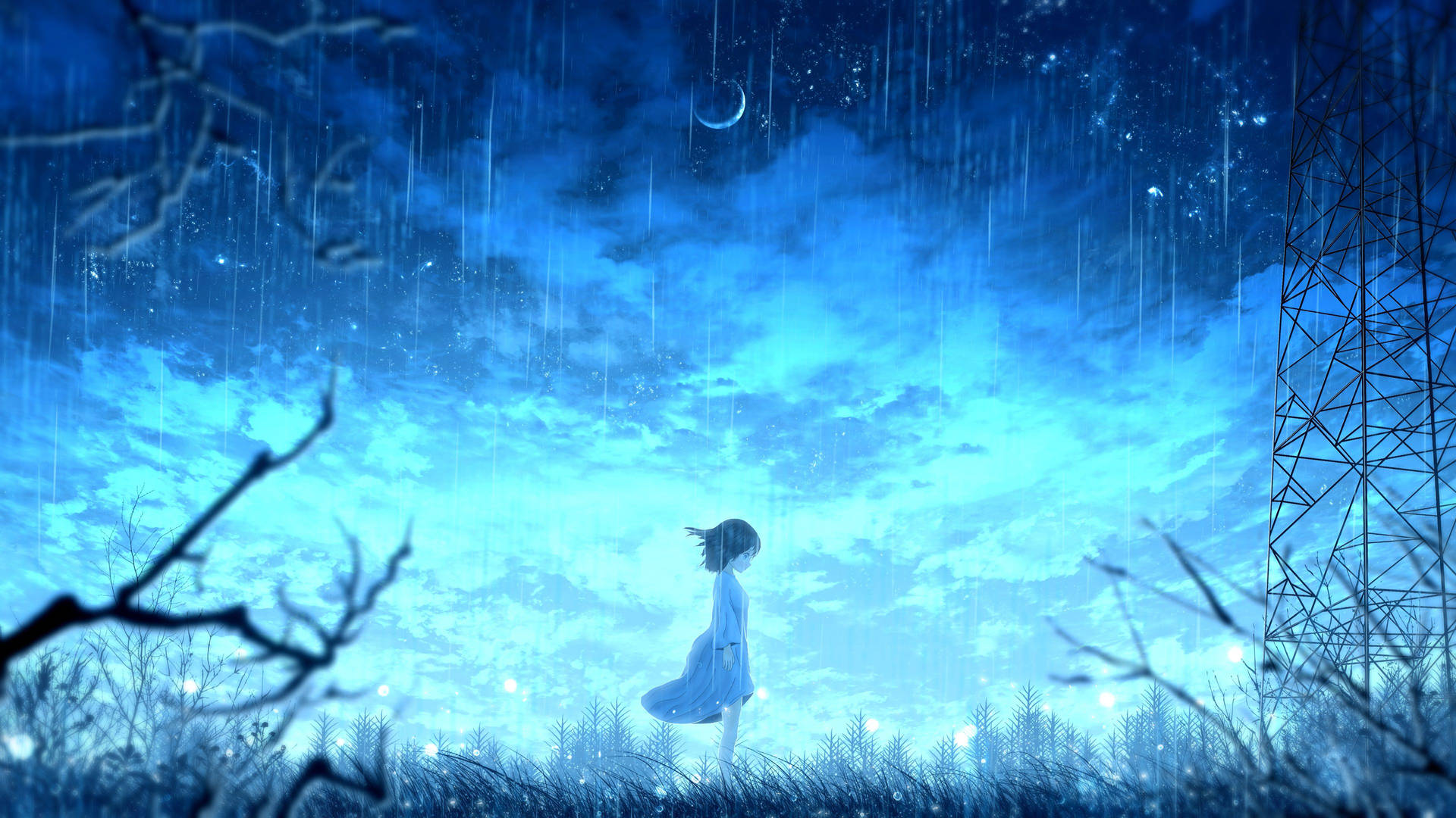 Anime Girl Sad Alone Raining On Field Wallpaper