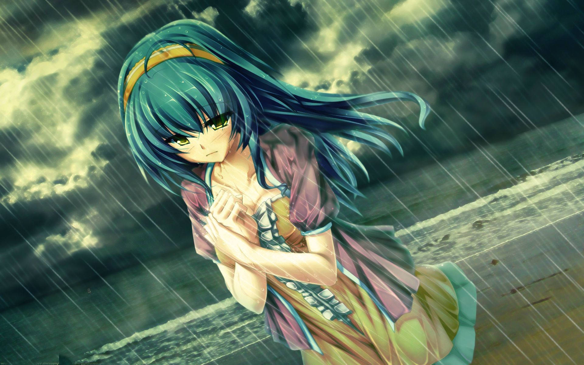 Anime Girl Sad Alone Rainy Beach Wallpaper