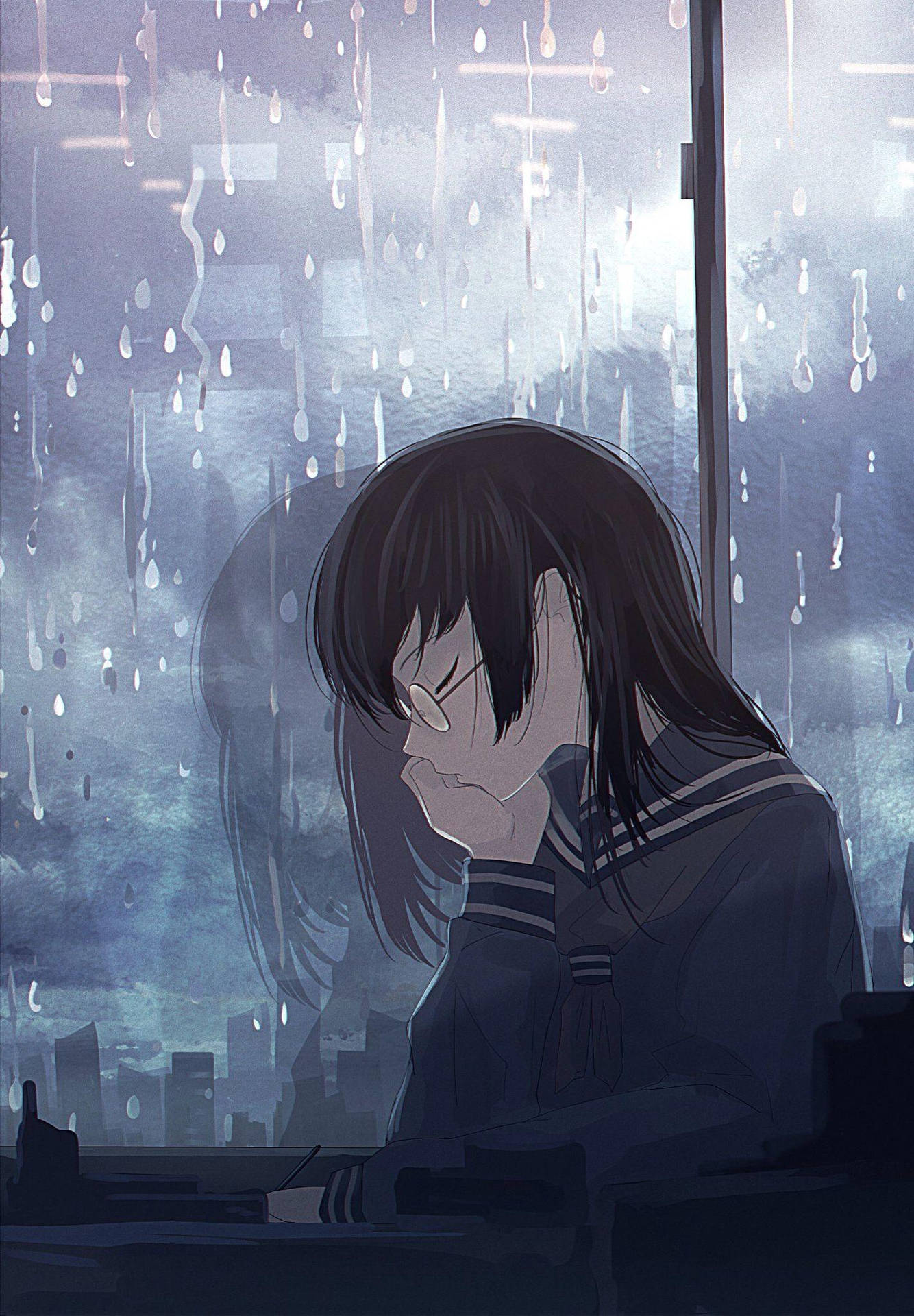 Download Anime Girl Sad Alone Sleeping Rainy Night Wallpaper |  