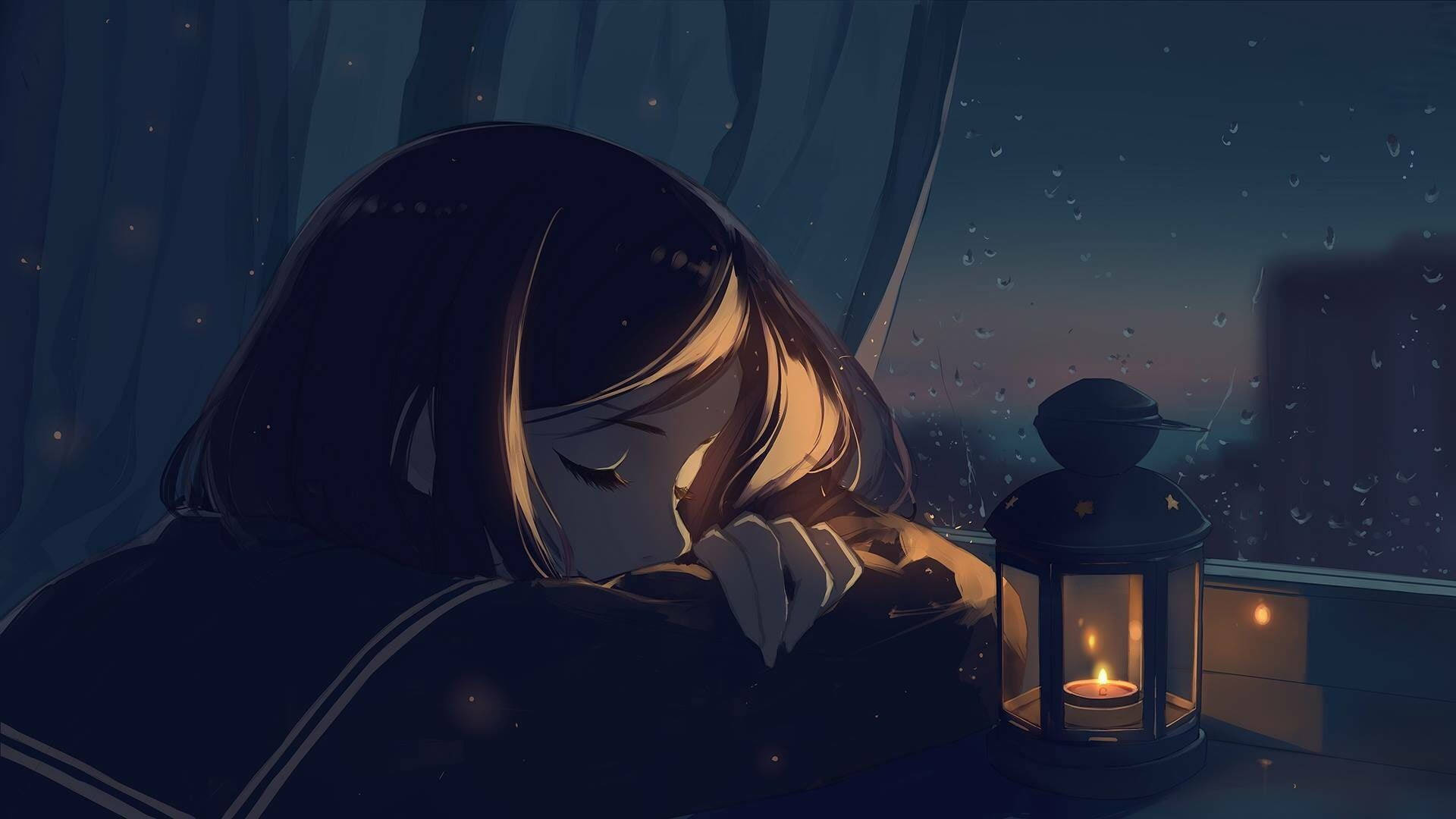 Download Anime Girl Sad Alone Sleeping With Lantern Wallpaper | Wallpapers .com