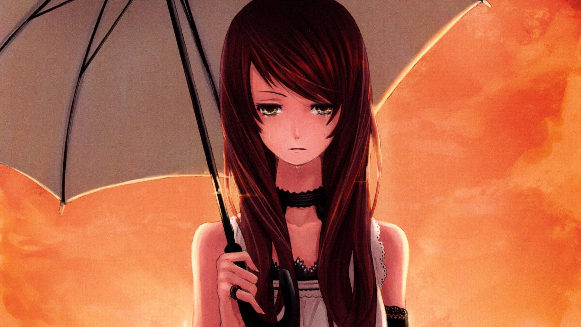 Anime Girl Sad Alone Umbrella Orange Aesthetic Sky Wallpaper